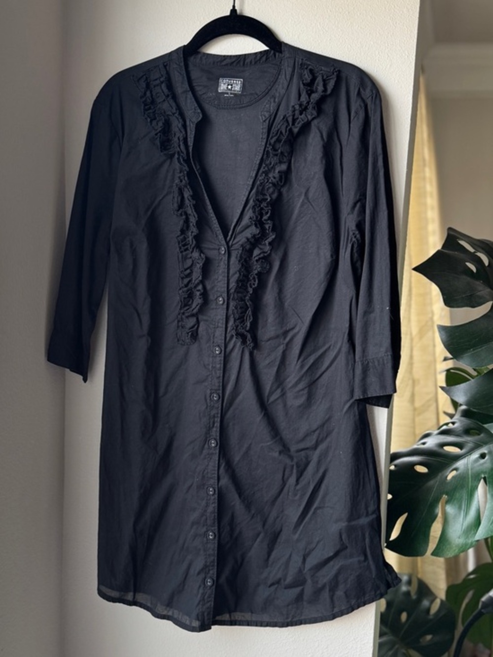 Converse Black Ruffle-Front Longline Shirt Jacket